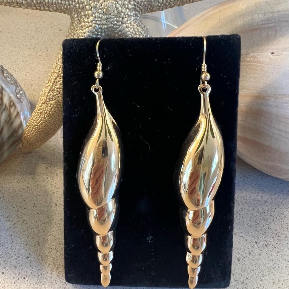 Vermeil over Sterling Silver Gold Dangle Shell Earrings 3” in length
